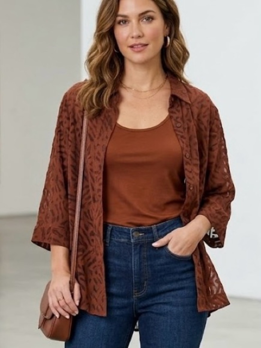 White Stag Chocolate Brown Two-Piece Layered Set Tank Sheer Textured Overlay